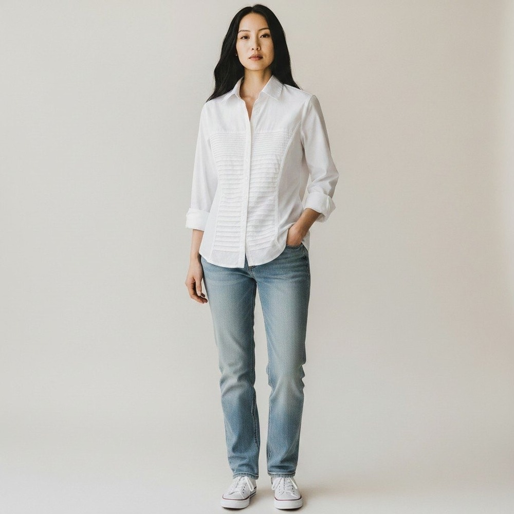 Signature by Larry Levine Vintage White Pintuck Pleated ButtonDown Blouse L